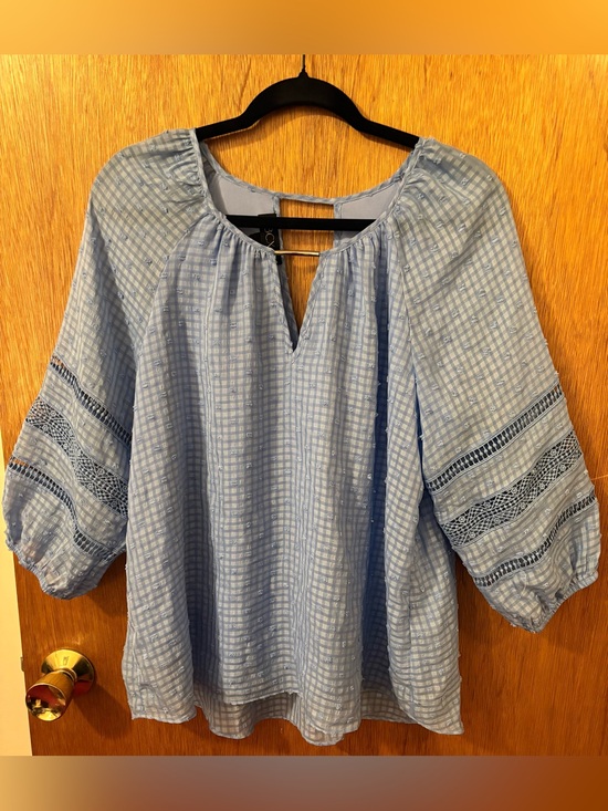 BCX Tops - BCX Pale Cornflower Blue Peasant Blouse with Crochet Sleeve Panels
